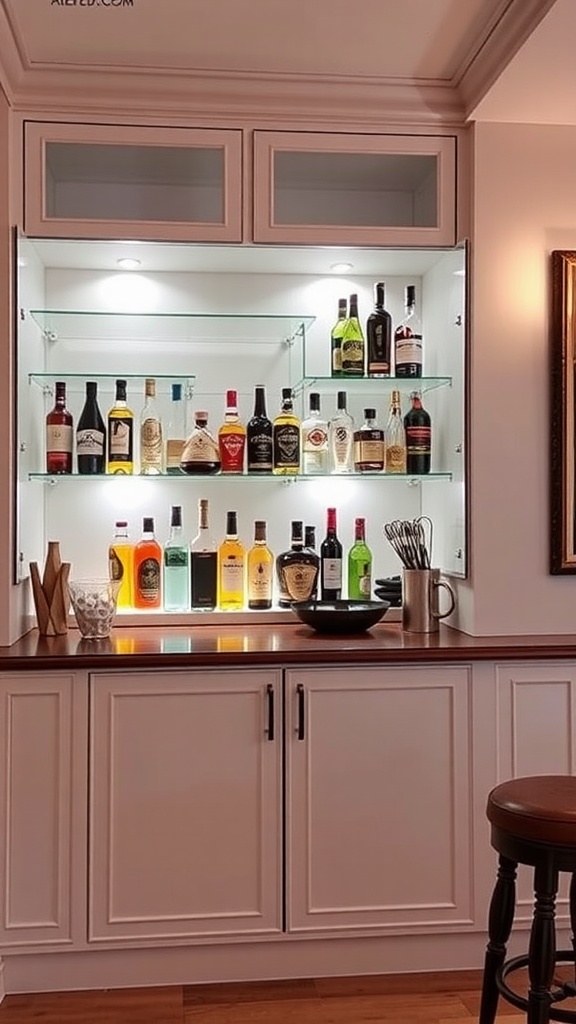 Chic built-in bar with glass shelves displaying various bottles and accessories.