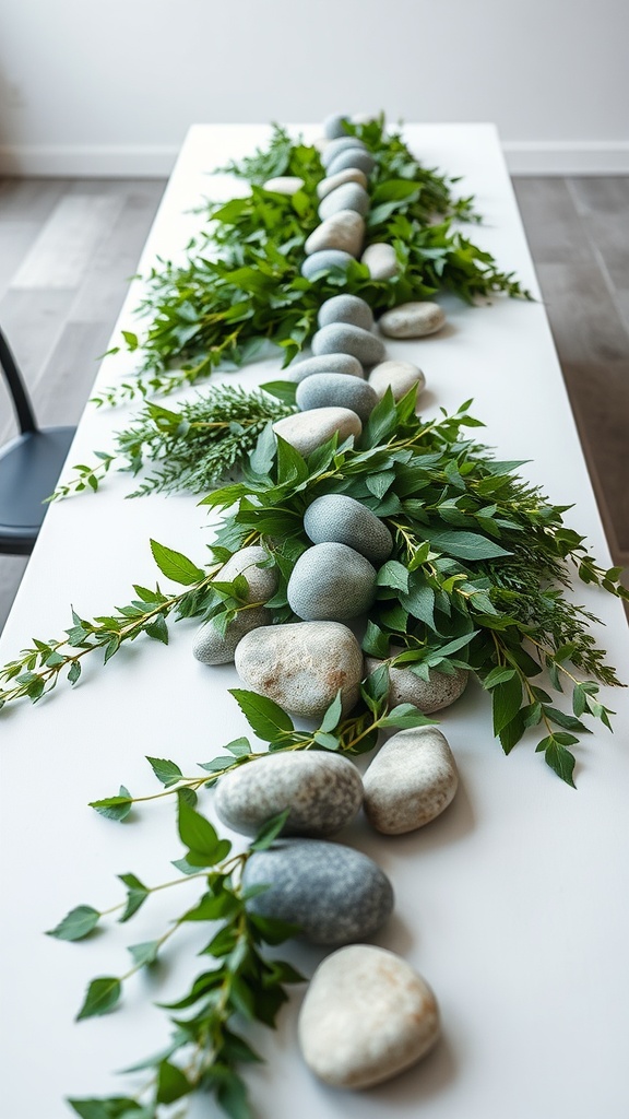 A long table centerpiece featuring greenery and stones arranged in a minimalist style.