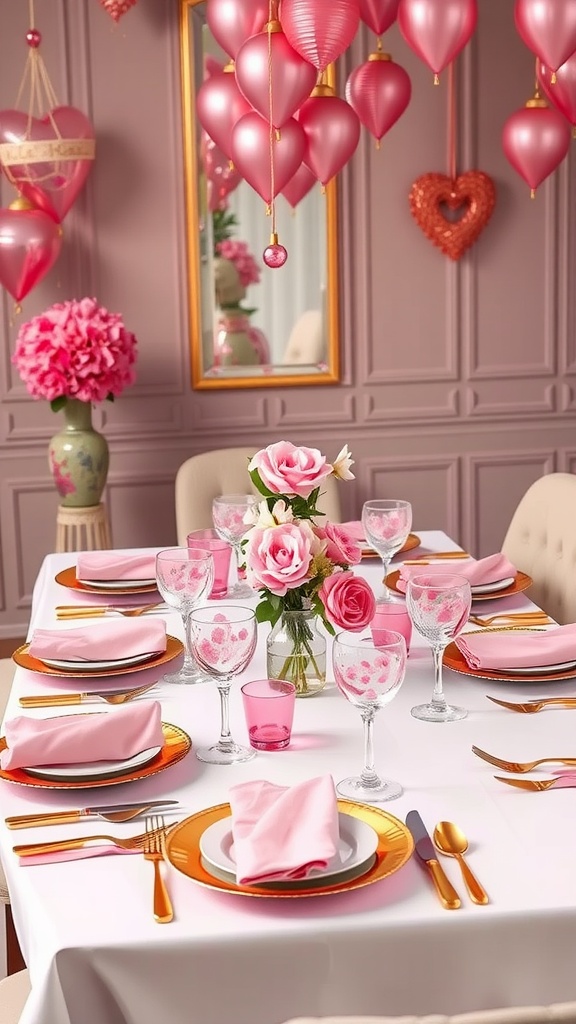 A beautifully set table featuring a pink and gold color scheme, with floral arrangements, elegant glassware, and decorative balloons.