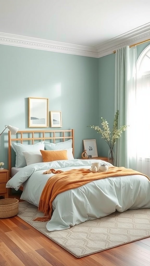 A serene bedroom with soft blue walls, a cozy bed, and warm orange accents.