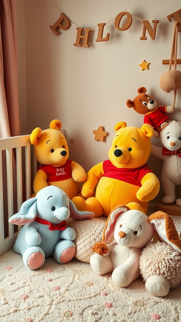 A cozy nursery with plush toys featuring classic Disney characters like Winnie the Pooh and Dumbo.