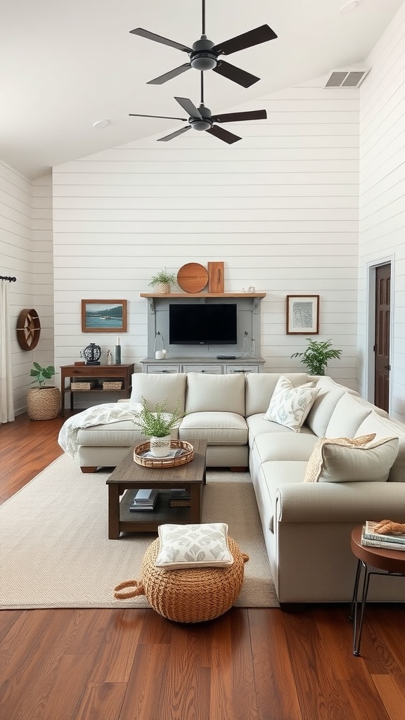 A cozy modern farmhouse living room with light wood paneling, a large sectional sofa, and warm wood floors.