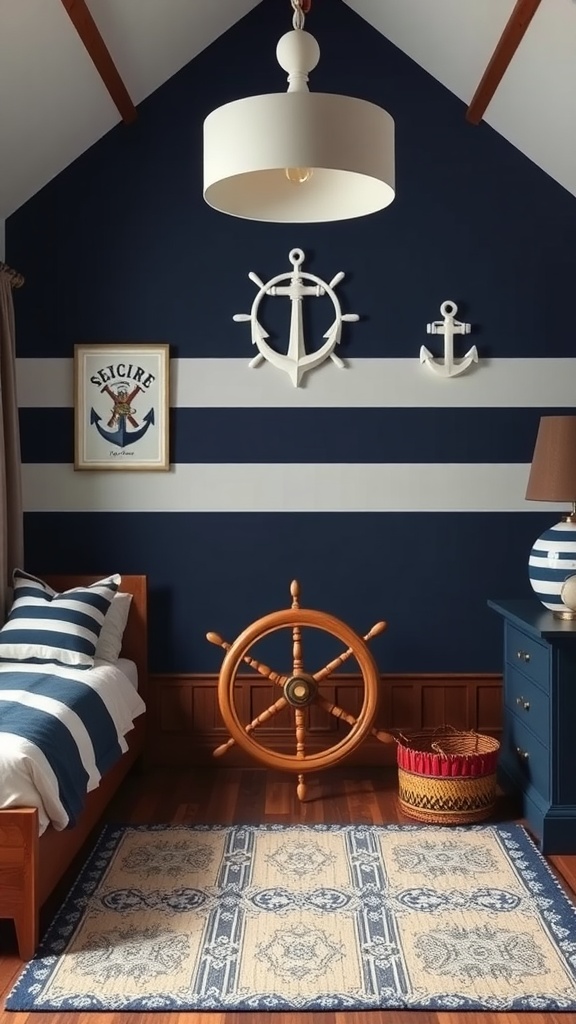 A nautical themed vintage boys bedroom with navy walls, striped bedding, and a wooden ship's wheel.