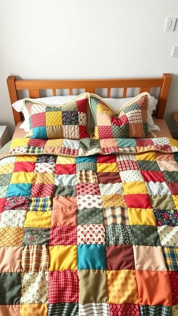 A colorful patchwork quilt displayed on a bed with matching pillows.