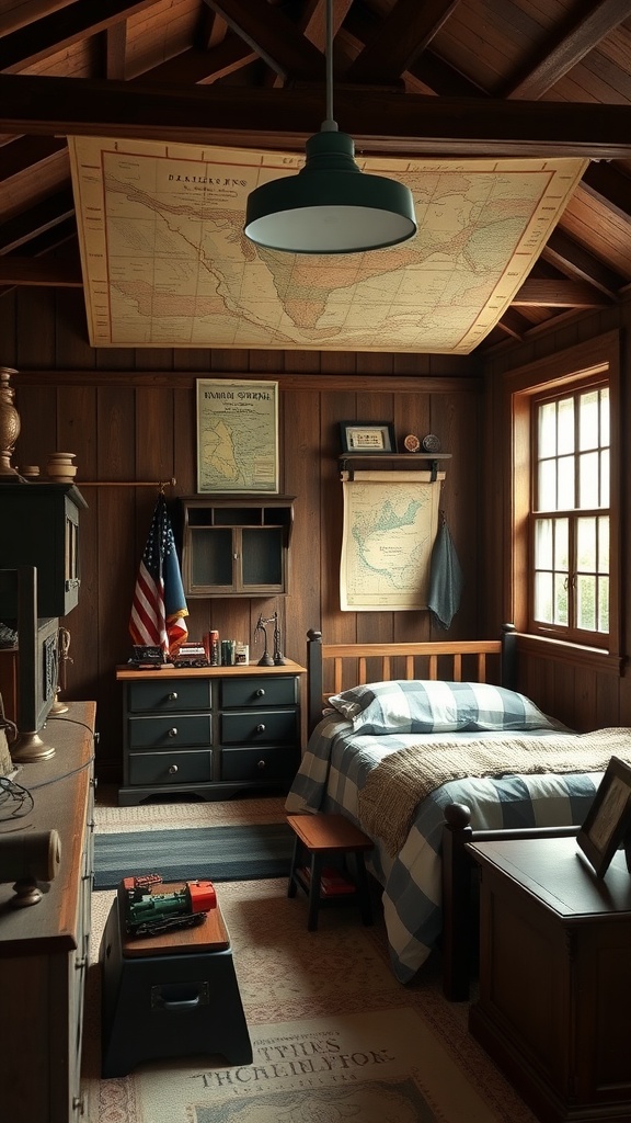 A vintage boys bedroom designed in a classic train station theme, featuring wooden elements, a large map on the ceiling, plaid bedding, and vintage decor.