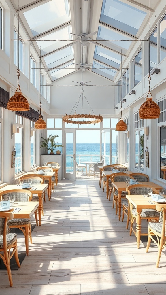 A bright restaurant interior with coastal design elements, featuring wooden tables, woven chairs, and a view of the ocean.