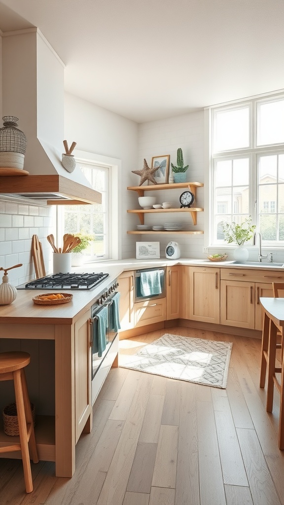 A bright kitchen featuring light wood cabinetry, natural light, and coastal decor elements.