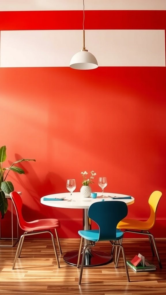 A bright dining area featuring red walls, a round table, and colorful chairs.