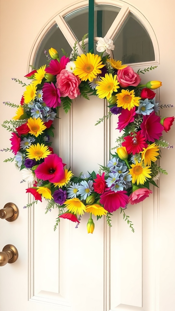 A bright and colorful floral wreath featuring yellow, pink, and purple flowers, hanging on a white front door.