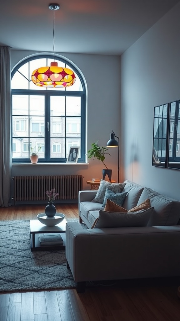 A cozy living room featuring a colorful pendant light and stylish decor.