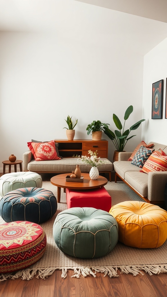 A modern boho living room featuring colorful poufs and ottomans surrounded by plants and decorative pillows.