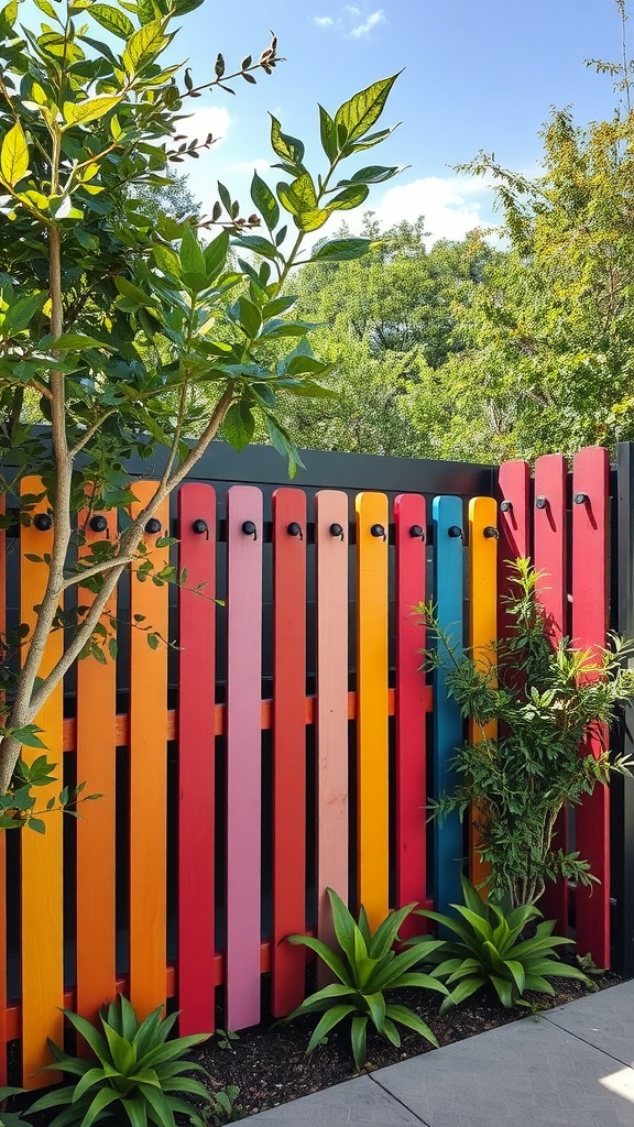 A colorful privacy screen made of wooden slats in various hues, surrounded by greenery.