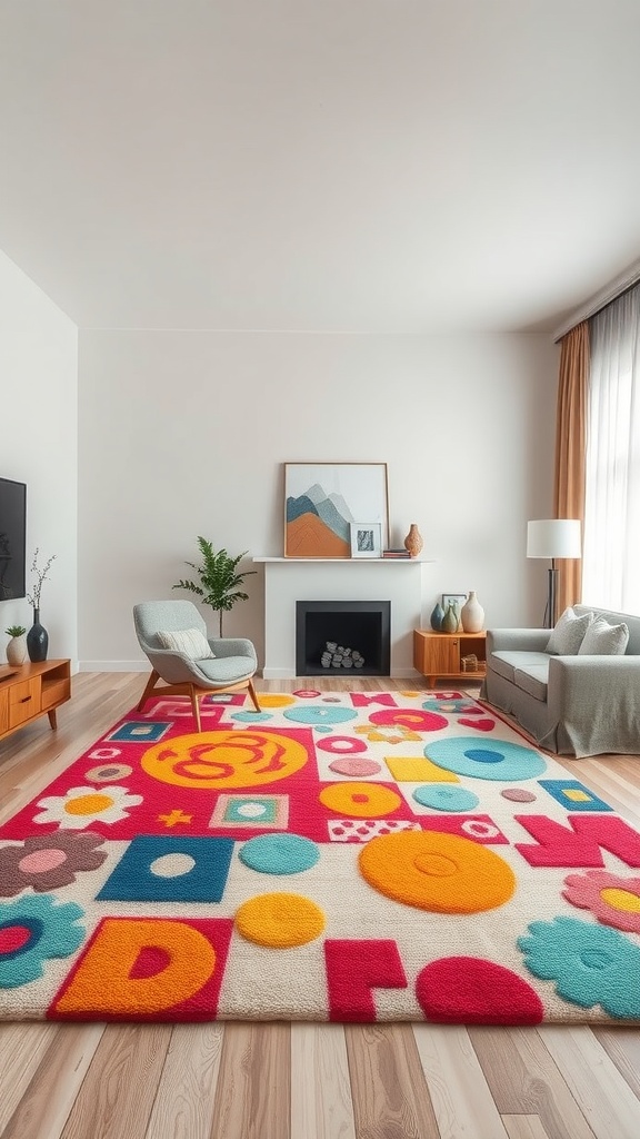 A colorful statement rug with playful patterns in a modern living room