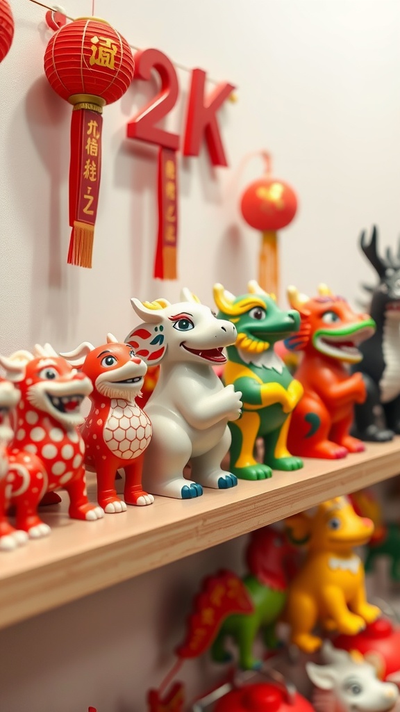 A display of colorful zodiac figurines for Lunar New Year decorations.