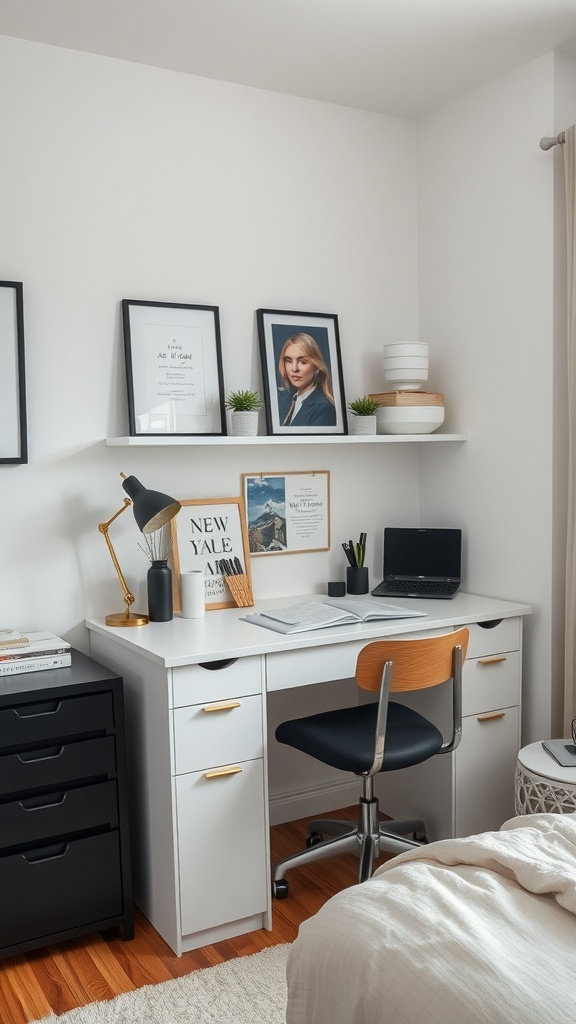 A compact desk setup featuring a sleek white desk, black drawer unit, and decorative elements.