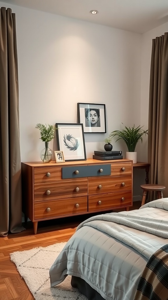 Compact urban dresser with wooden finish in a stylish bedroom setting.