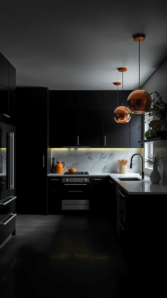 A modern dark kitchen featuring bright orange accents and stylish lighting.