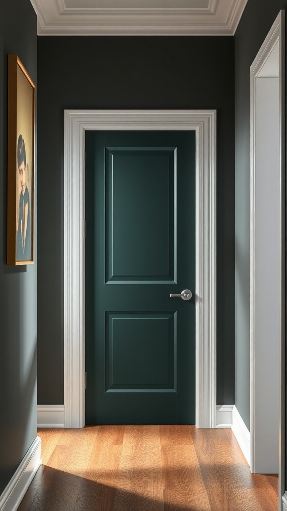 A hallway featuring a dark-painted door with contrasting white trim.