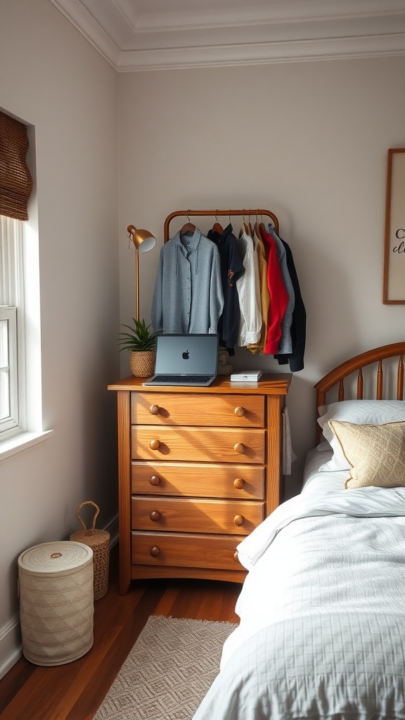 A corner dresser with several drawers and a laptop on top, accompanied by a clothing rack and decorative items.