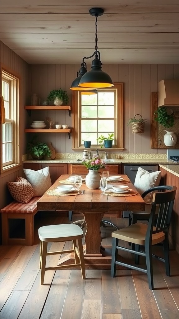 Cozy farmhouse breakfast nook with wooden table and comfy seating.