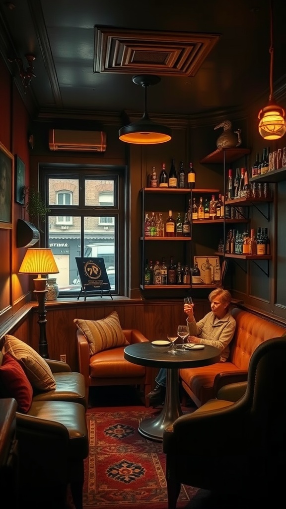 A cozy corner bar nook featuring warm lighting, comfortable seating, and shelves stocked with various drinks.