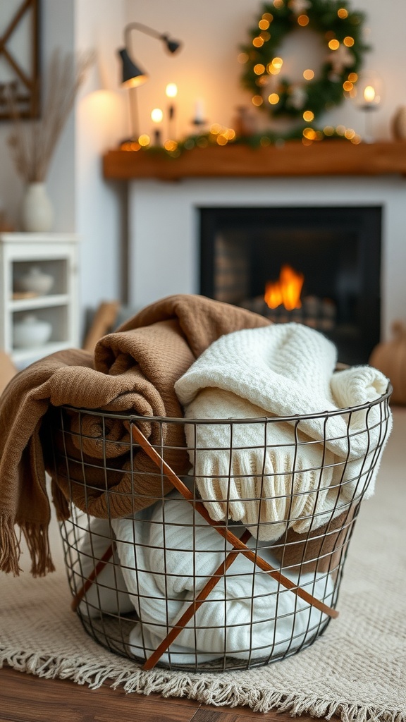 A wire basket holding various cozy blankets in a living room setting.