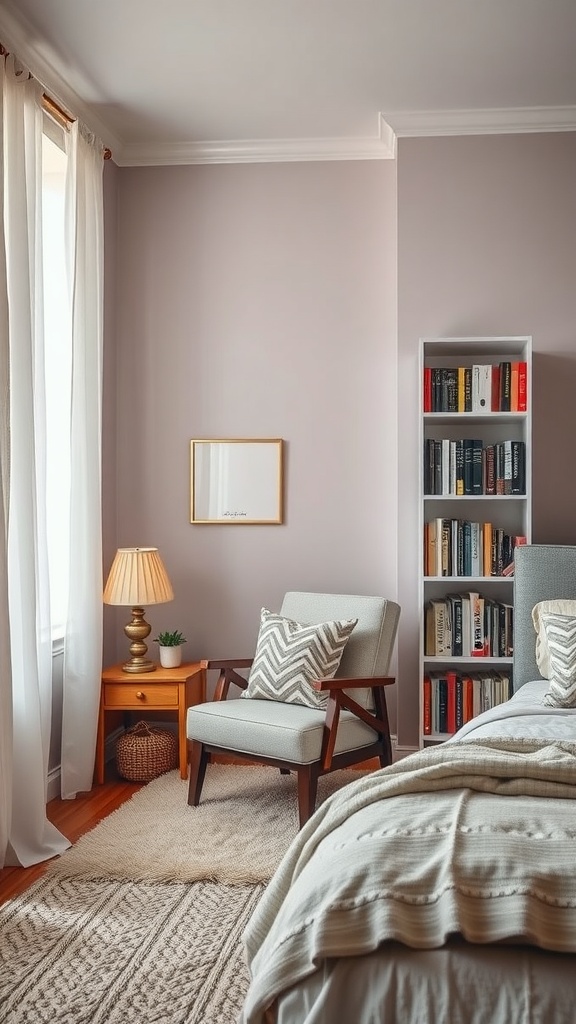 Cozy reading nook featuring a chair, lamp, and bookshelf in a serene bedroom setting.