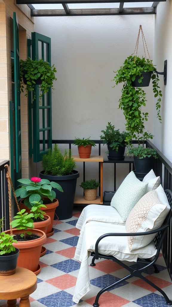 A cozy balcony seating area with potted herbs and hanging plants, designed for relaxation.