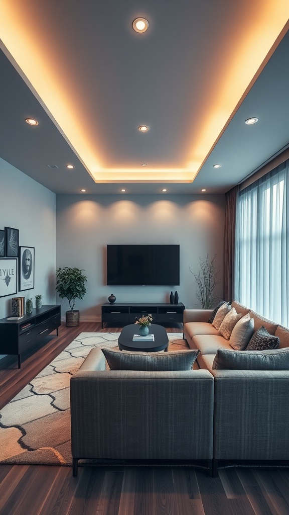 Cozy entertainment zone in a long rectangle living room layout with a sectional sofa, coffee table, TV, and warm lighting.