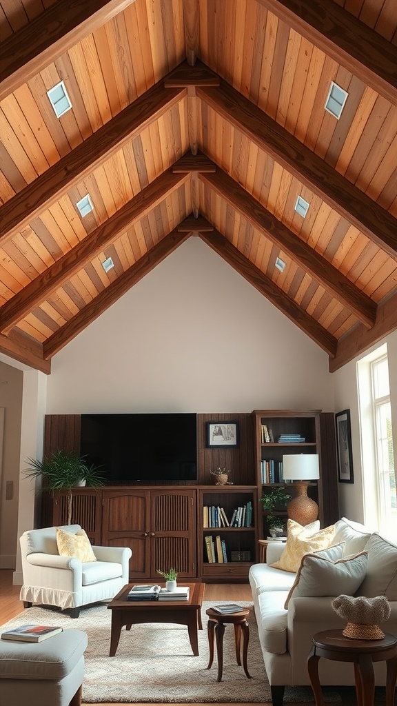 Cozy living room with half vaulted ceiling and wooden beams, featuring white sofas and bookshelves.