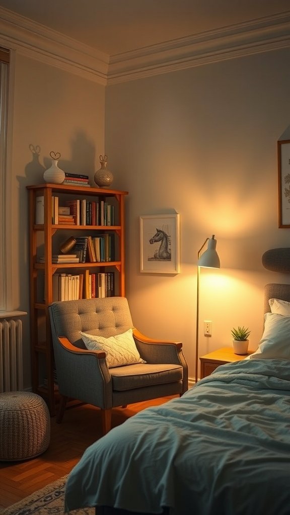 A cozy reading nook in a bedroom with a comfortable chair, bookshelf, and soft lighting.