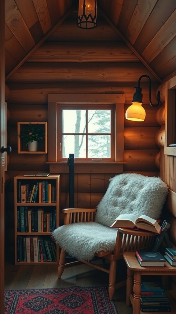 A cozy reading nook in a cabin with a chair, bookshelf, and warm lighting.