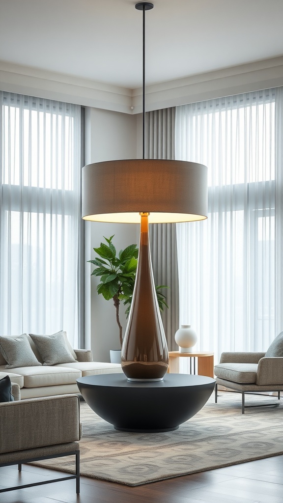 A modern living room featuring a stylish table lamp with an elongated base and a wide shade, complementing contemporary furniture.