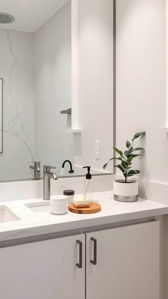 A minimalist small bathroom countertop with a plant, soap, and lotion displayed on a wooden tray