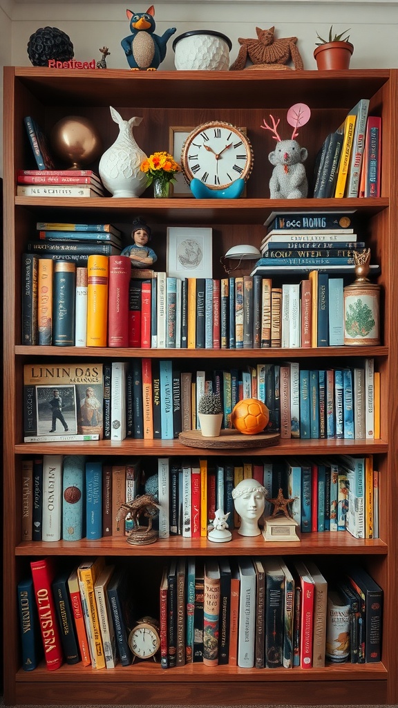 A creatively arranged bookshelf filled with colorful books and playful decorative items.