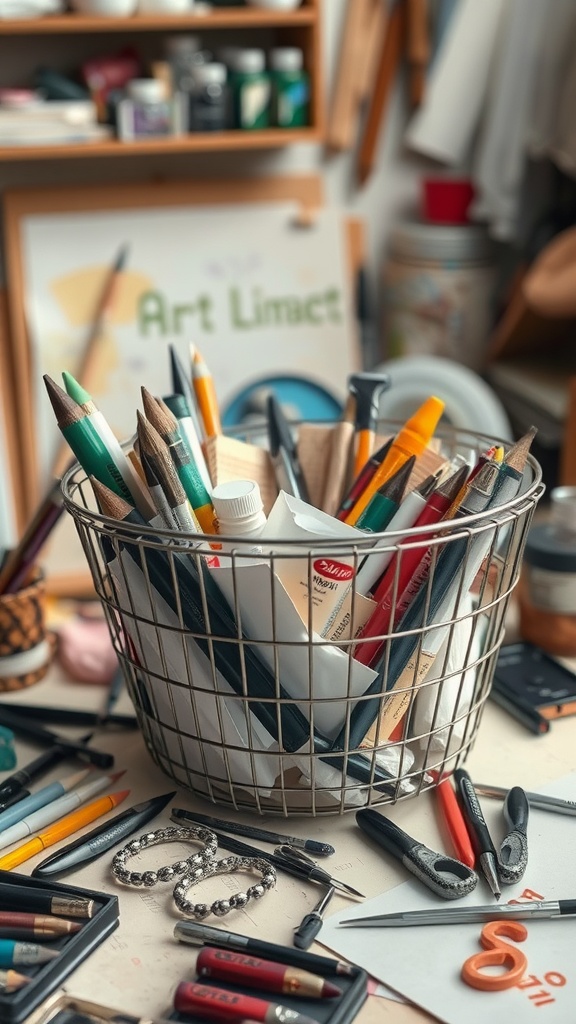 A wire basket filled with various art supplies like colored pencils, paints, and brushes on a cluttered craft table.