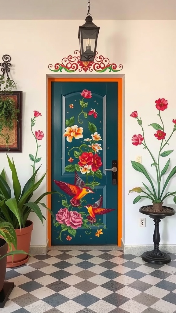 A beautifully painted door with floral designs and colorful birds, adding a unique touch to the interior.