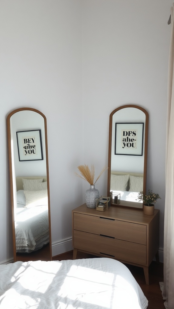 A cozy bedroom corner featuring two mirrors, a dresser, and decor elements.