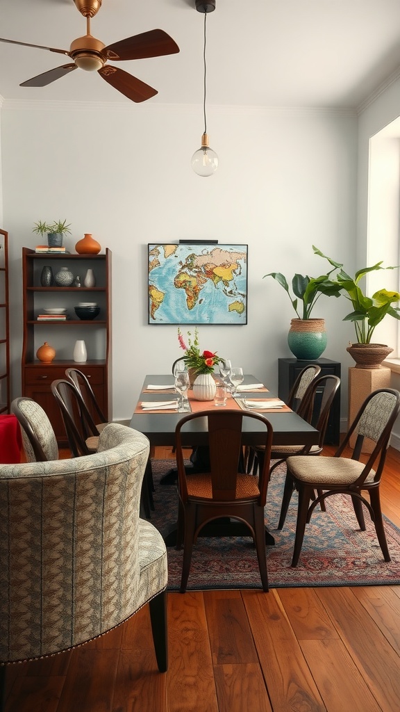 A cozy dining space with eclectic decor, featuring a world map, plants, and a mix of chair styles.