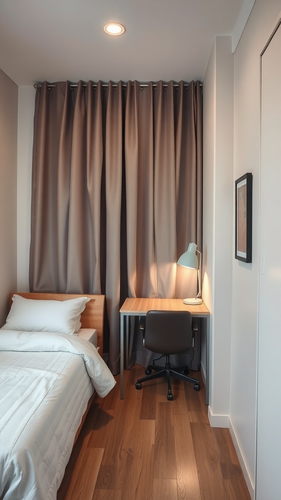 A small bedroom featuring a bed and a desk, separated by elegant curtain room dividers.