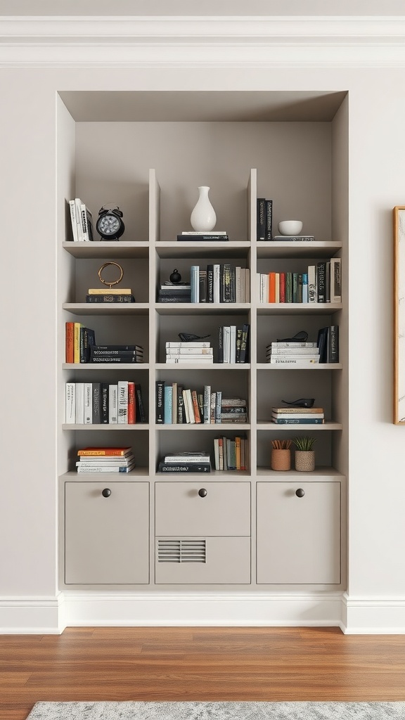 Custom built-in shelving setup with books and decorative items