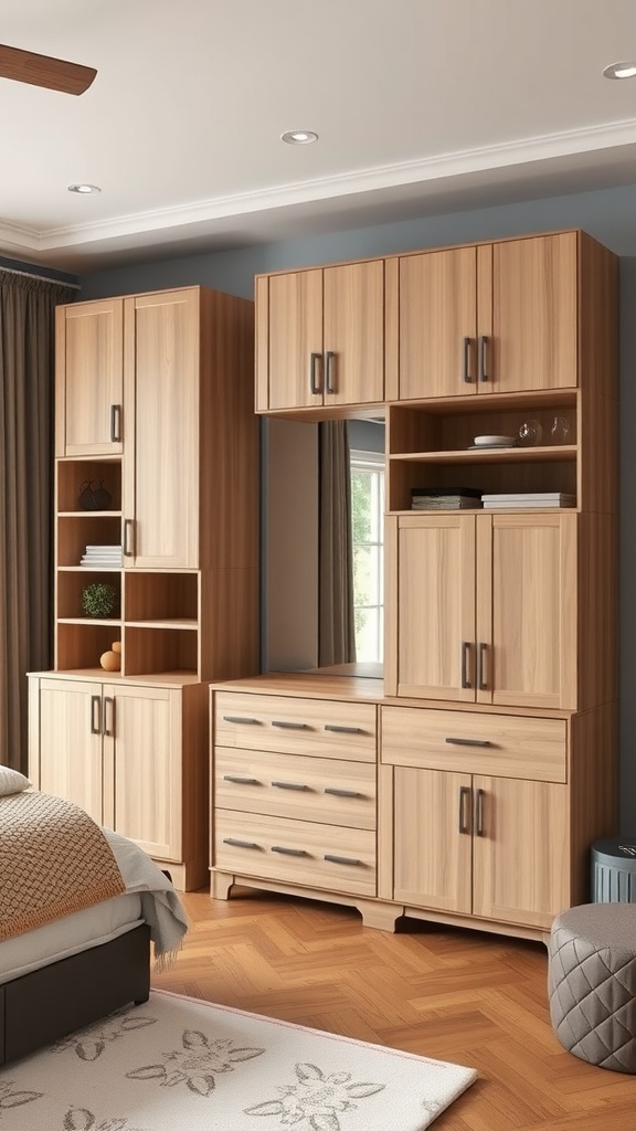 A stylish bedroom featuring customizable modular dresser units in a wood finish, showcasing various storage solutions.