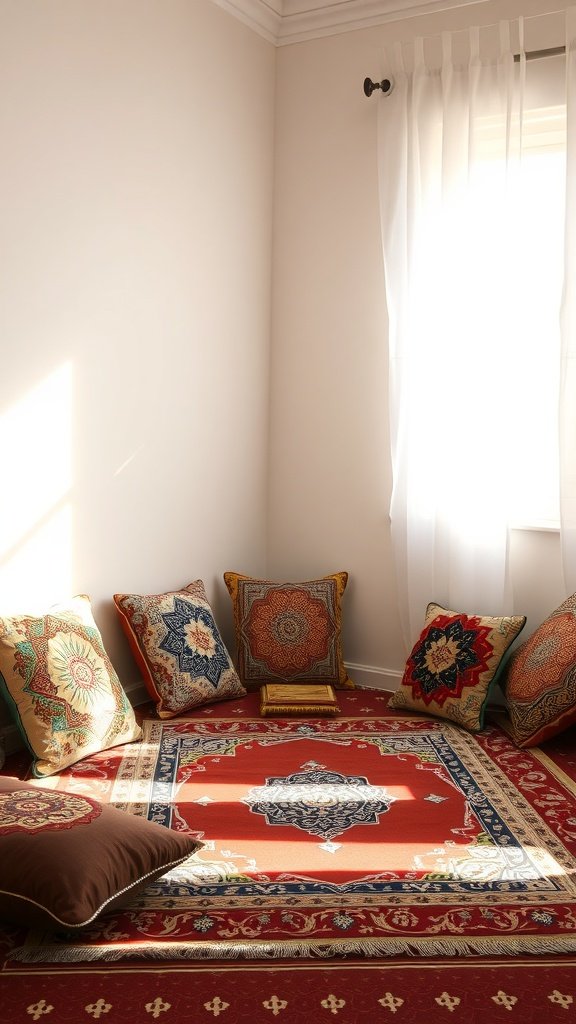 A cozy prayer corner with colorful cushions and a decorative rug.