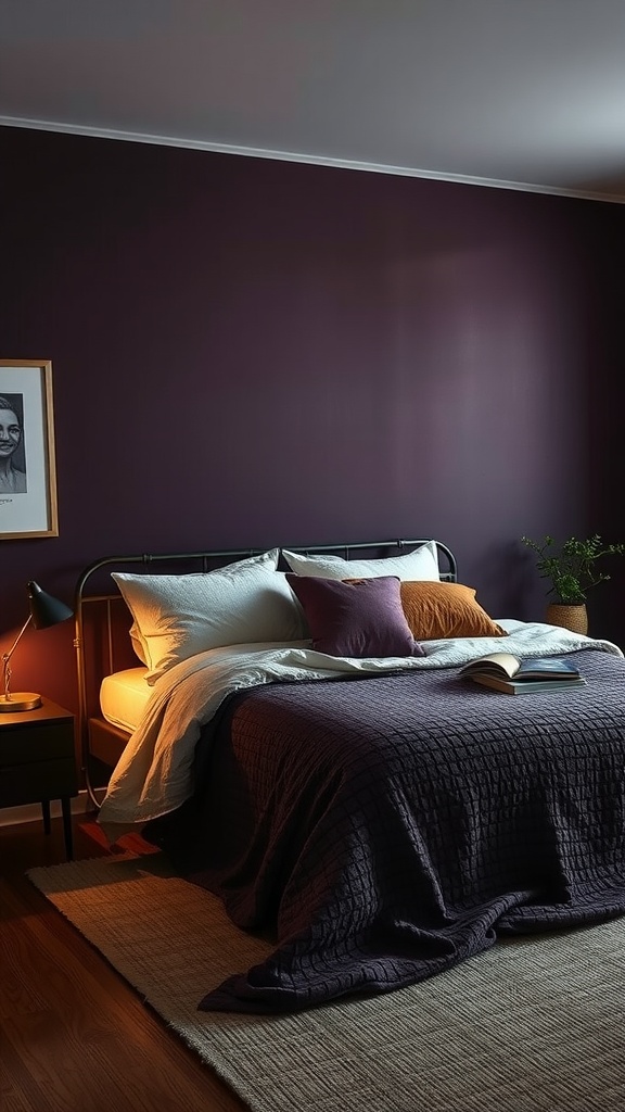 Cozy bedroom featuring dark purple walls, a quilted purple bedspread, and soft textured pillows.