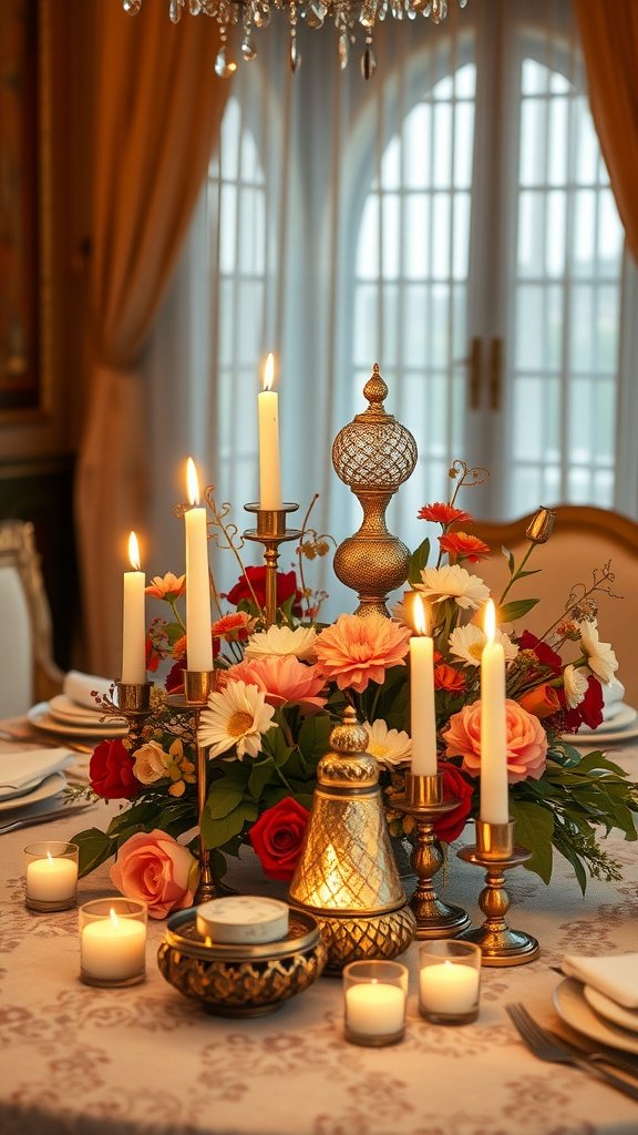 A beautifully arranged table centerpiece with flowers, candles, and decorative elements for Ramadan.