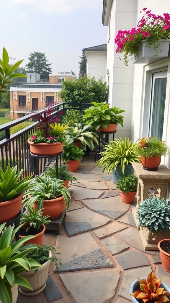 A decorative stone pathway surrounded by various planters on a balcony, showcasing vibrant plants and flowers.