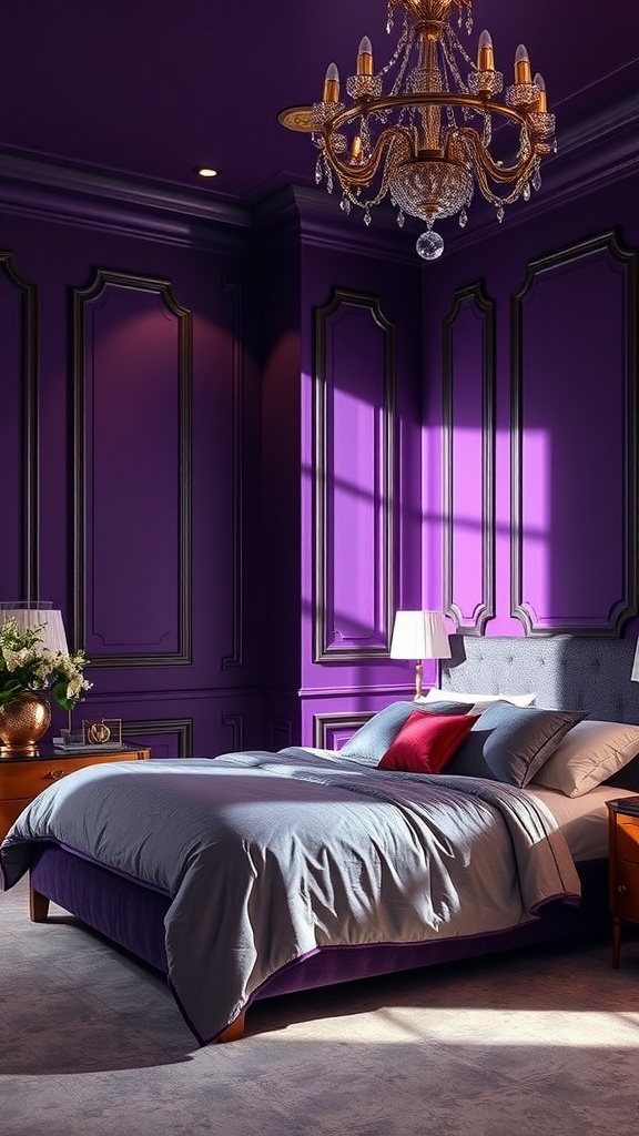 A stylish bedroom with deep violet walls, a chandelier, and gray bedding.