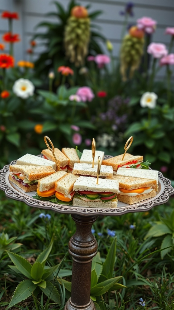 A platter of assorted finger sandwiches displayed in a garden setting.