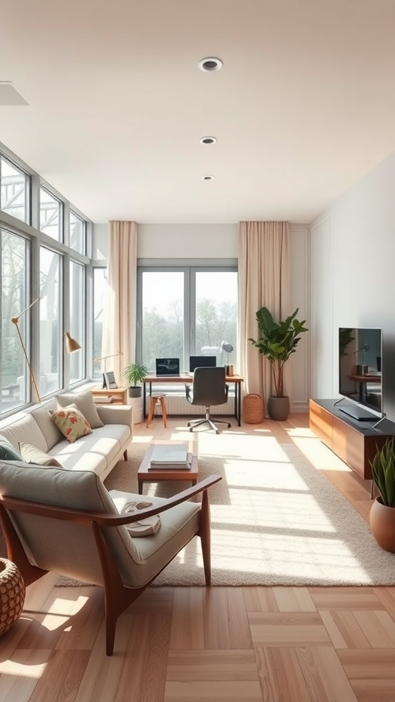 A spacious long rectangle living room with large windows, a sofa, armchair, coffee table, desk, and plants.