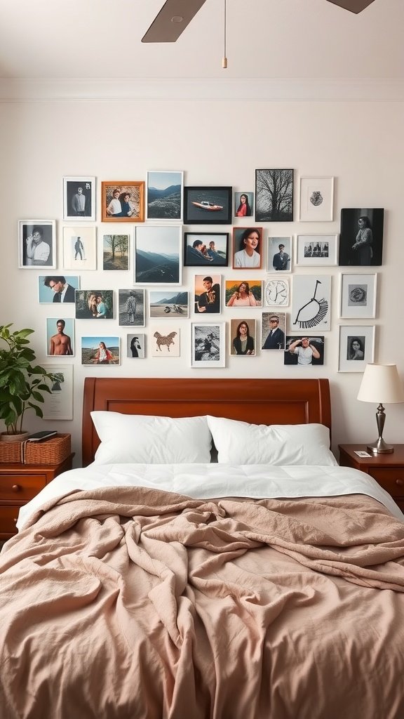 A cozy bedroom with a gallery wall made of various framed photos and artwork.